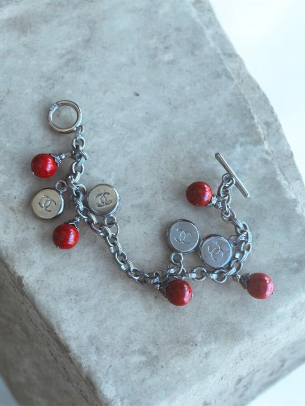 Sterling Silver CC Charm Bracelet w/ Red Beads | Italy 925 Toggle
